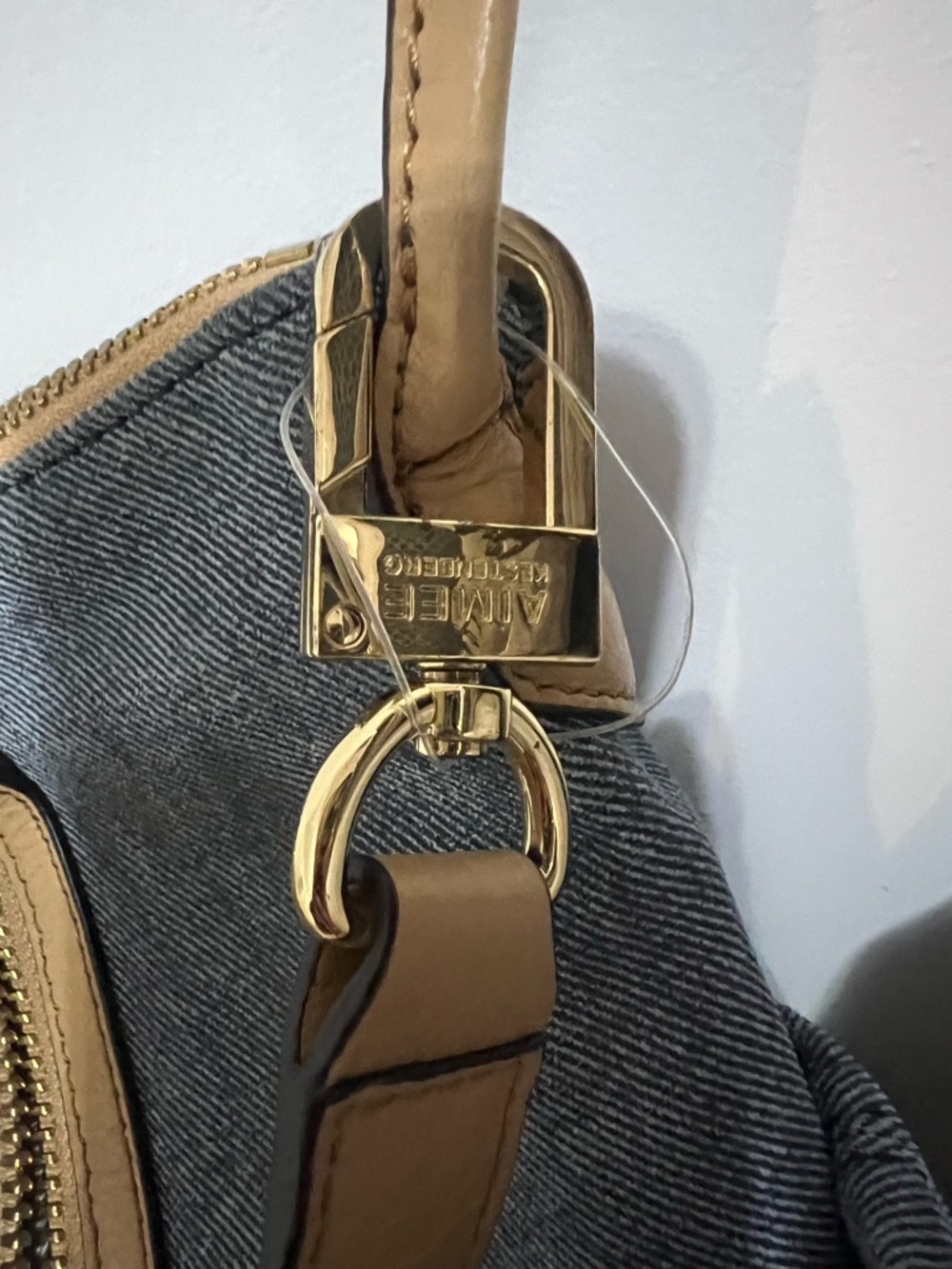 NWOT Aimee KESTENBERG Denim Shoulder Tote with Tan Trim & Pouch Bag - Picture 4 of 11